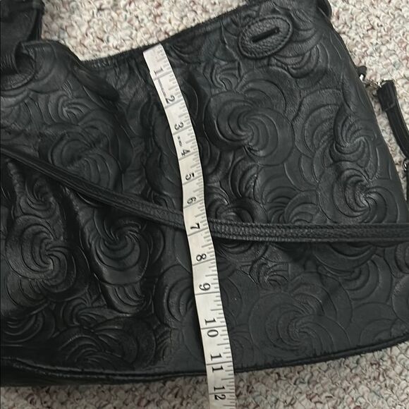 Genuine Leather Floral Embossed Slouchy Handbag Crossbody Black - Picture 8 of 8